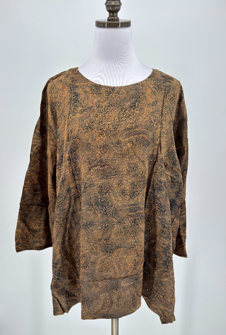 Kusnadi Art to Wear Vintage Bohemian Brown Batik 3/4 Sleeve Blouse Top NEW